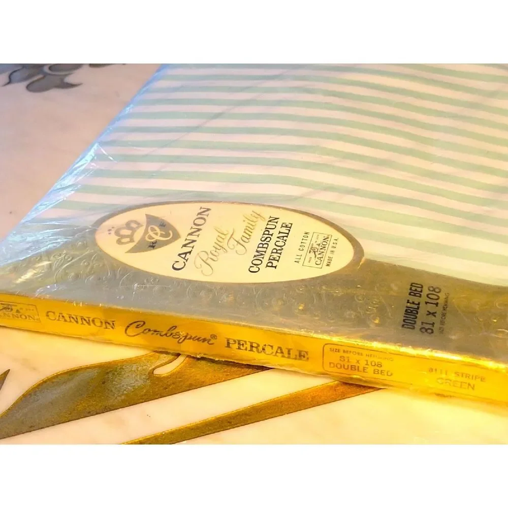 New‎ Vintage Cannon Green & White Striped Combspun Percale Double Bed Flat Sheet